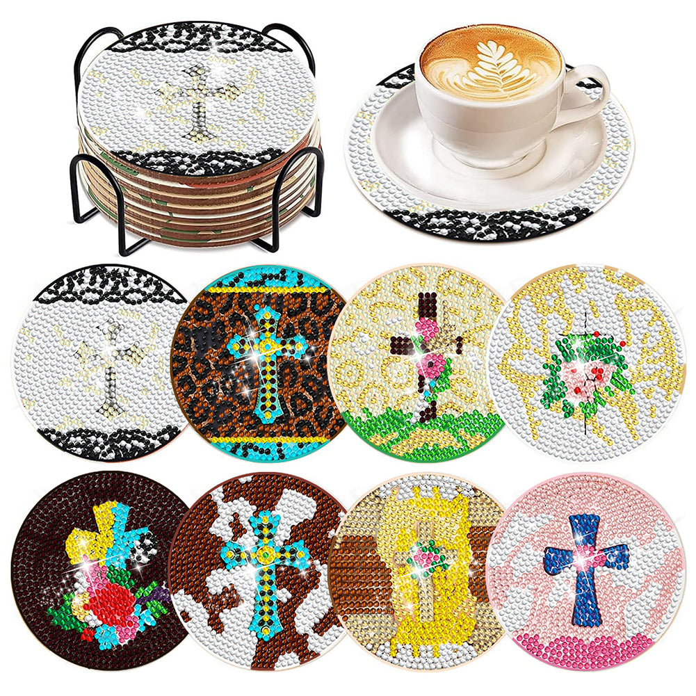 8 Pcs Diamond Art Coasters Diamond Art Painting Coasters Kit with Holder (Cross)