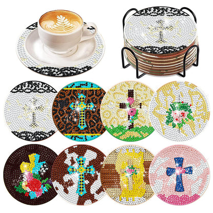 8 Pcs Diamond Art Coasters Diamond Art Painting Coasters Kit with Holder (Cross)