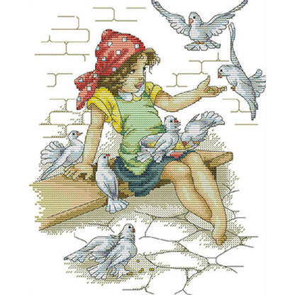 Girl And Pigeon - 14CT Stamped Cross Stitch 28*33CM(Joy Sunday)