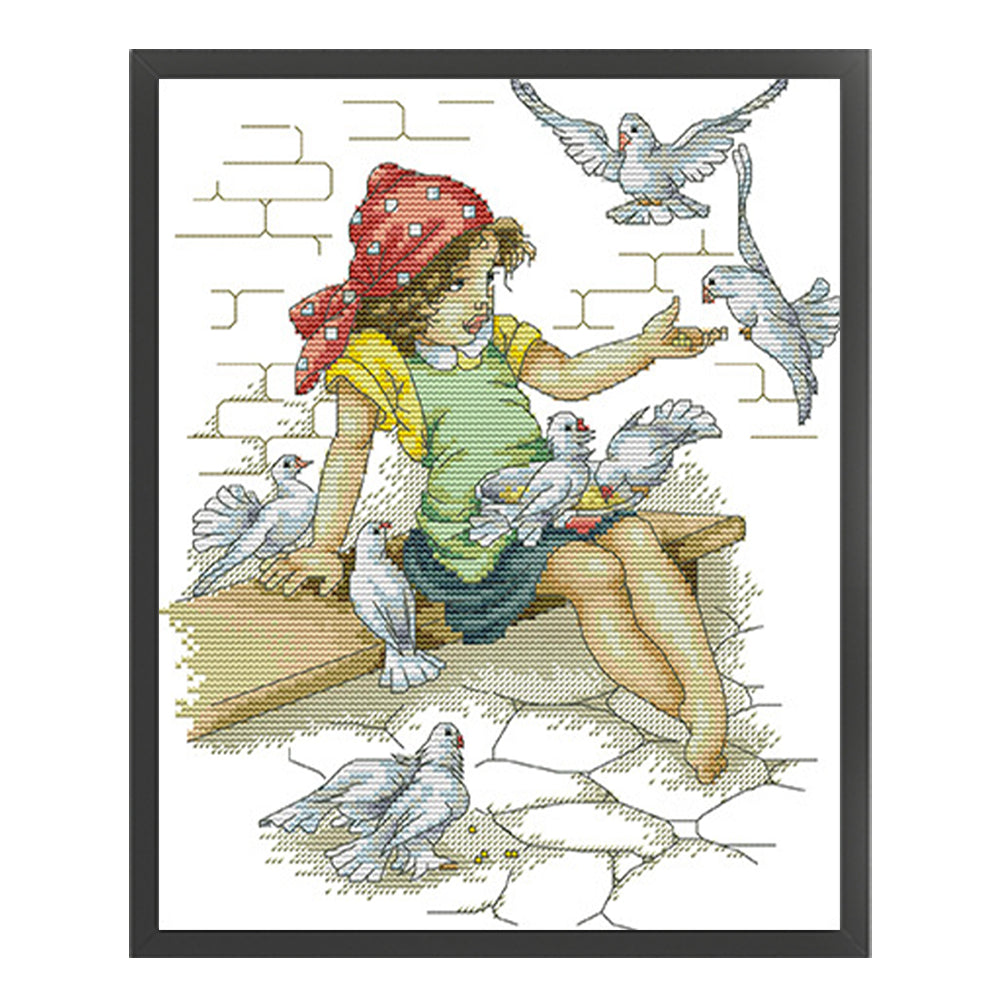 Girl And Pigeon - 14CT Stamped Cross Stitch 28*33CM(Joy Sunday)