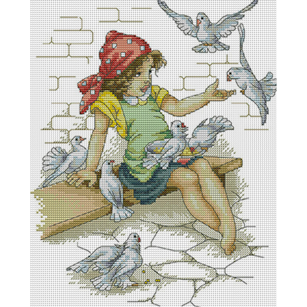 Girl And Pigeon - 14CT Stamped Cross Stitch 28*33CM(Joy Sunday)