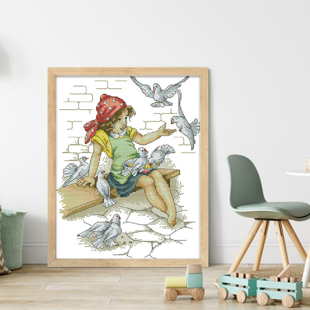 Girl And Pigeon - 14CT Stamped Cross Stitch 28*33CM(Joy Sunday)