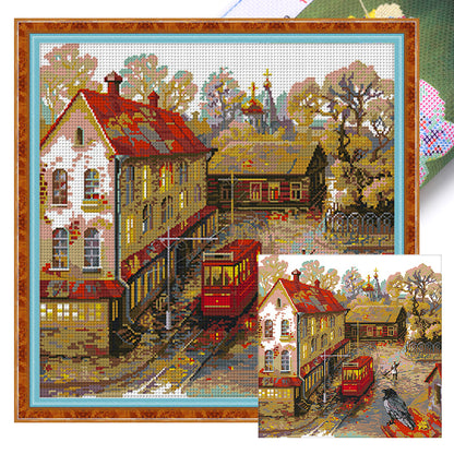 Tram Platform In The Rain - 14CT Stamped Cross Stitch 47*46CM(Joy Sunday)