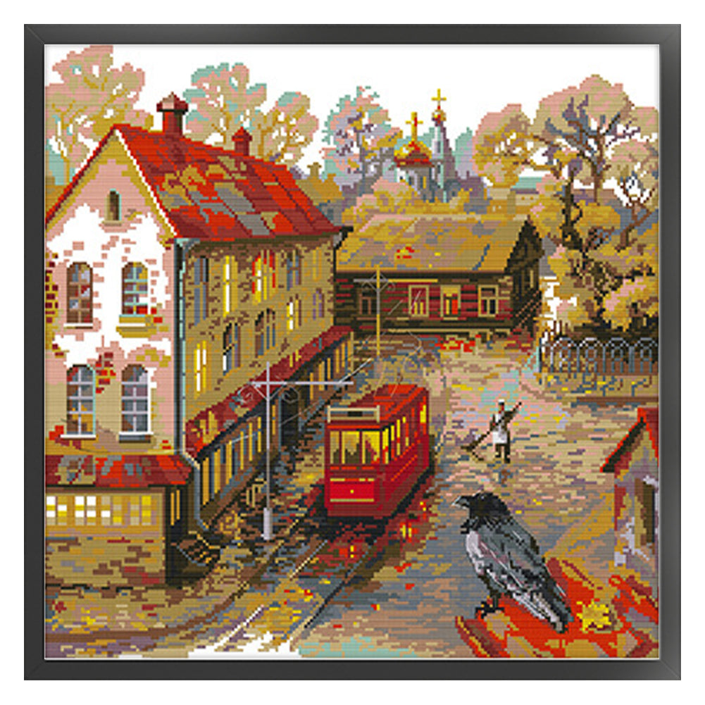 Tram Platform In The Rain - 14CT Stamped Cross Stitch 47*46CM(Joy Sunday)