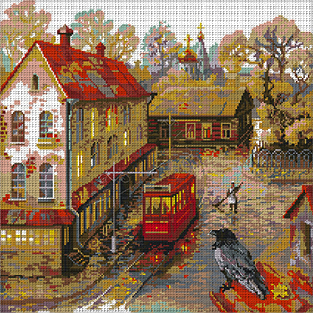 Tram Platform In The Rain - 14CT Stamped Cross Stitch 47*46CM(Joy Sunday)