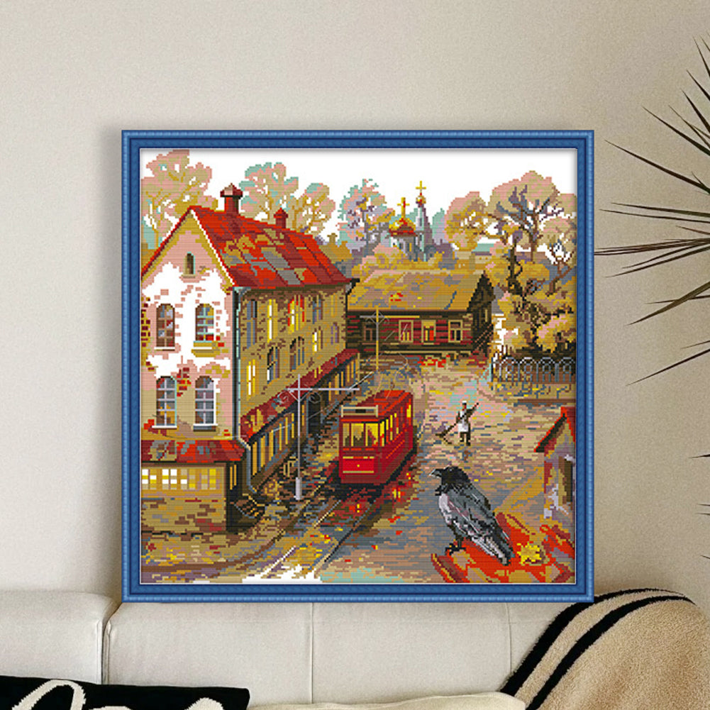 Tram Platform In The Rain - 14CT Stamped Cross Stitch 47*46CM(Joy Sunday)