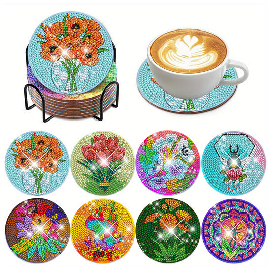 8Pcs Diamond Art Painting Coasters Craft Kit with Holder for Gift (Color Flower)