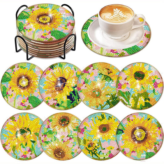 8Pcs DIY Diamond Art Painting Coasters Craft Kit with Holder (Gorgeous Flower)