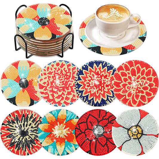 8Pcs DIY Diamond Art Painting Coasters Craft Kit with Holder (Blooming Flower)