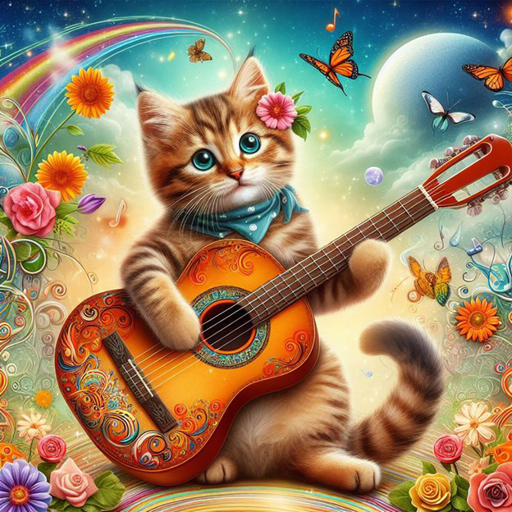 Kitten Playing Guitar - Full Round Drill Diamond Painting 30*30CM