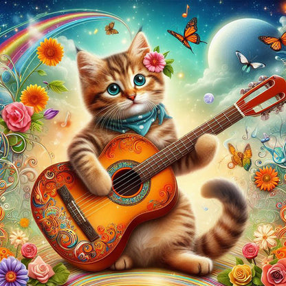 Kitten Playing Guitar - Full Round Drill Diamond Painting 30*30CM