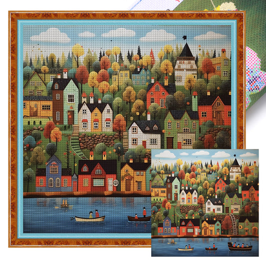 Colorful Houses On The Shore - 14CT Stamped Cross Stitch 50*50CM