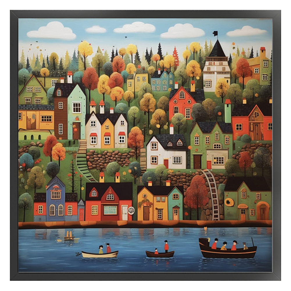 Colorful Houses On The Shore - 14CT Stamped Cross Stitch 50*50CM