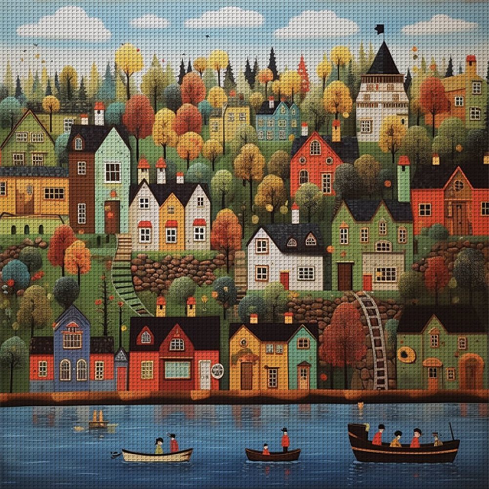 Colorful Houses On The Shore - 14CT Stamped Cross Stitch 50*50CM