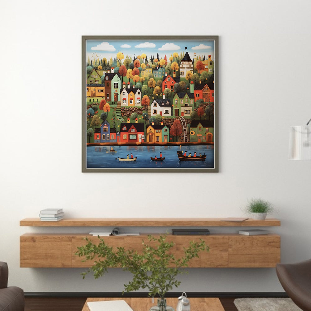 Colorful Houses On The Shore - 14CT Stamped Cross Stitch 50*50CM