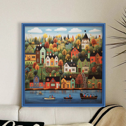 Colorful Houses On The Shore - 14CT Stamped Cross Stitch 50*50CM