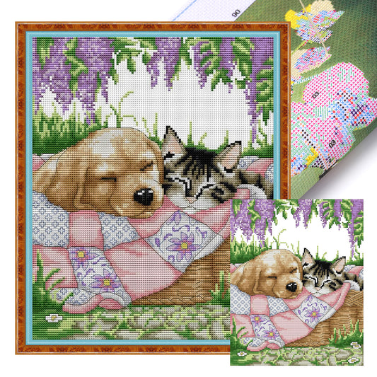 Sleeping Cat And Dog - 14CT Stamped Cross Stitch 28*33CM(Joy Sunday)