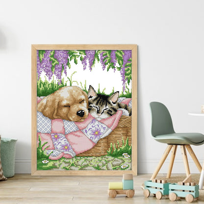 Sleeping Cat And Dog - 14CT Stamped Cross Stitch 28*33CM(Joy Sunday)