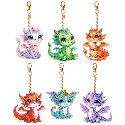 6 Pcs Double Side Dragon Diamond Art Keyring for Zipper Charm Bag Charms Pendant