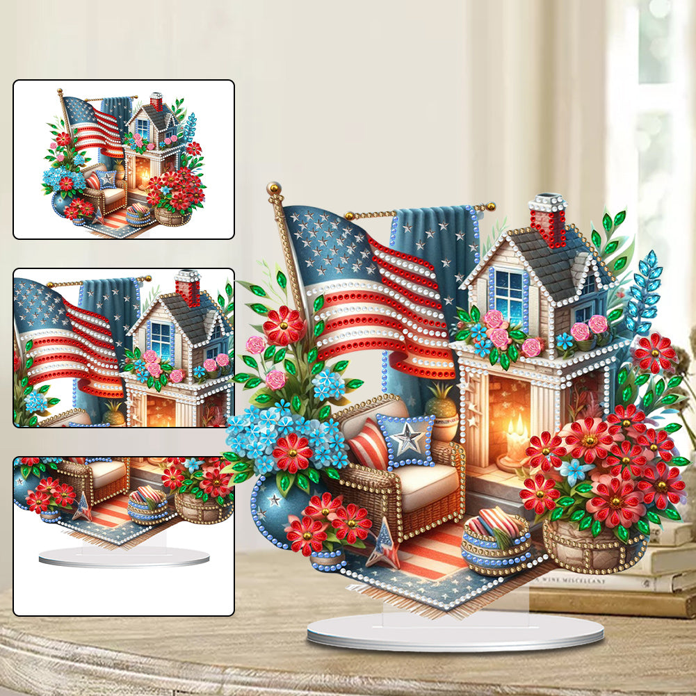 American Flag Special Shape Diamond Painting Desktop Home Ornament (House 3)