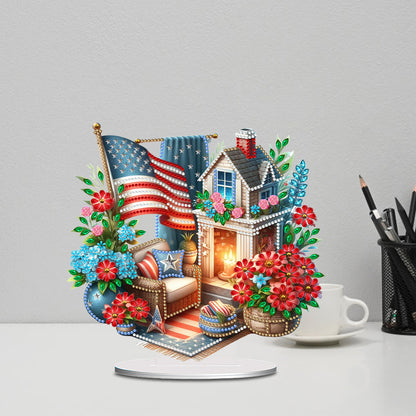 American Flag Special Shape Diamond Painting Desktop Home Ornament (House 3)