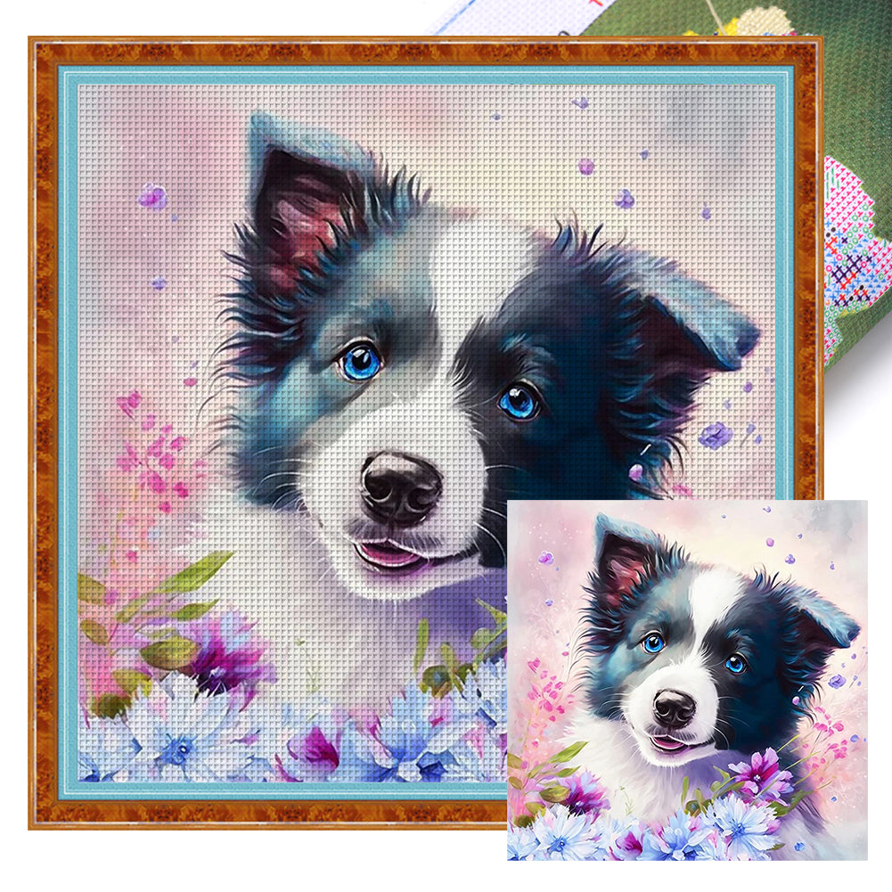 Flower Border Collie - 11CT Stamped Cross Stitch 40*40CM