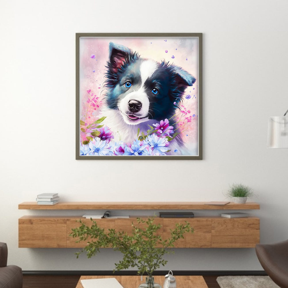 Flower Border Collie - 11CT Stamped Cross Stitch 40*40CM