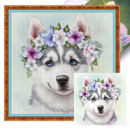 Flowers Husky - 11CT Stamped Cross Stitch 40*40CM