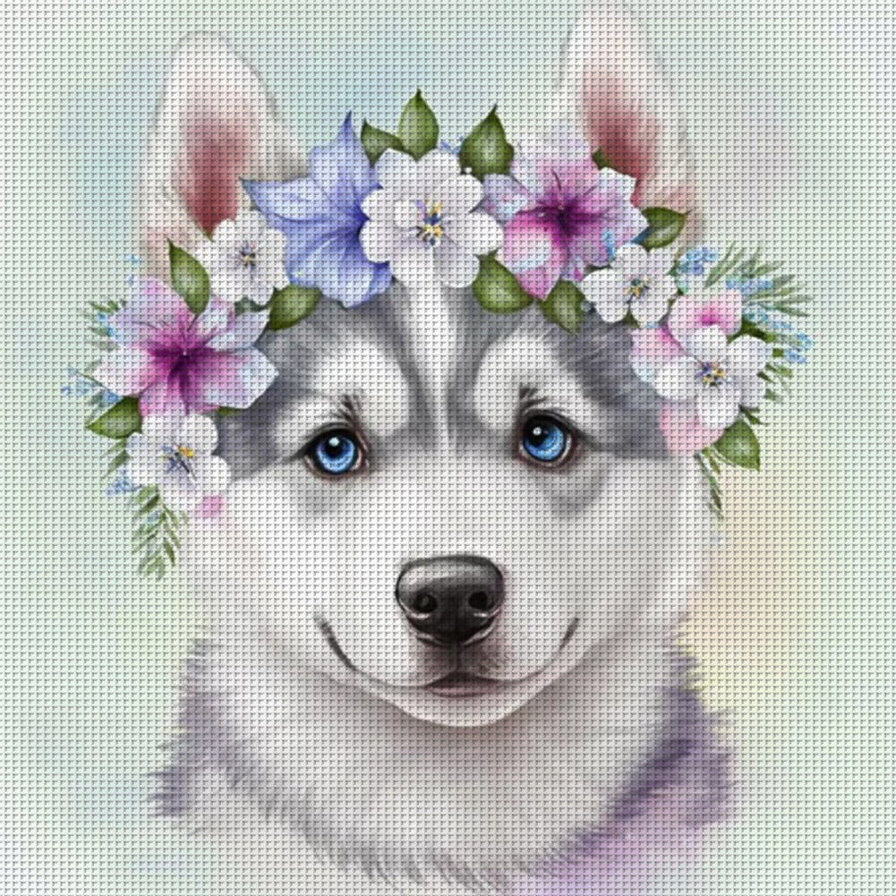 Flowers Husky - 11CT Stamped Cross Stitch 40*40CM