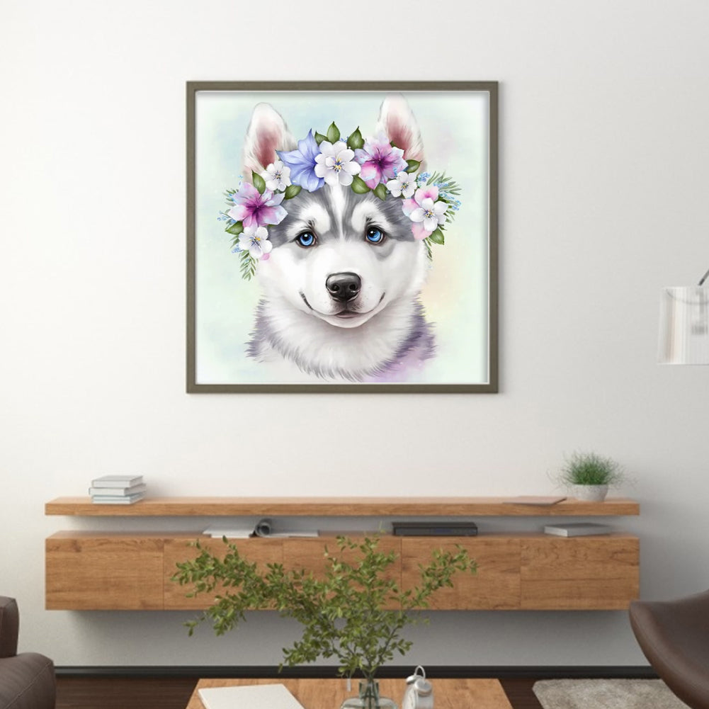 Flowers Husky - 11CT Stamped Cross Stitch 40*40CM