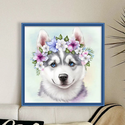 Flowers Husky - 11CT Stamped Cross Stitch 40*40CM