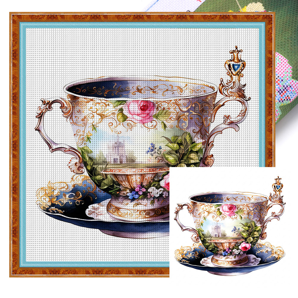 Flower Tea Cup - 14CT Stamped Cross Stitch 40*40CM