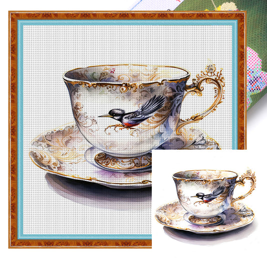 Bird Tea Cup - 14CT Stamped Cross Stitch 40*40CM