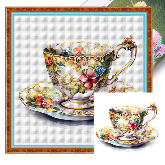 Flower Tea Cup - 14CT Stamped Cross Stitch 40*40CM