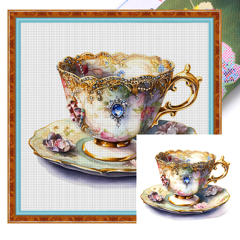 Flower Tea Cup - 14CT Stamped Cross Stitch 40*40CM