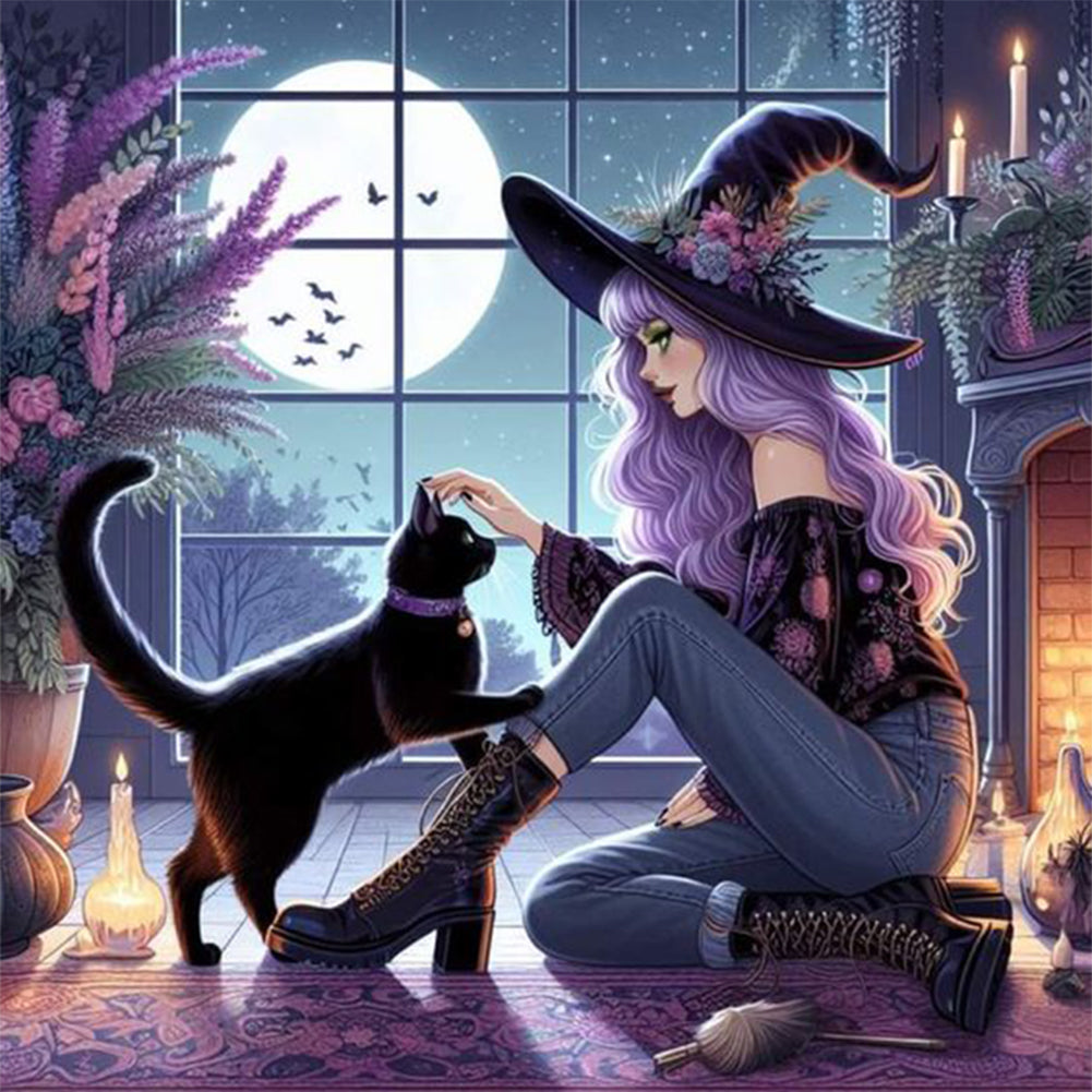 Witch And Black Cat - 11CT Stamped Cross Stitch 40*40CM