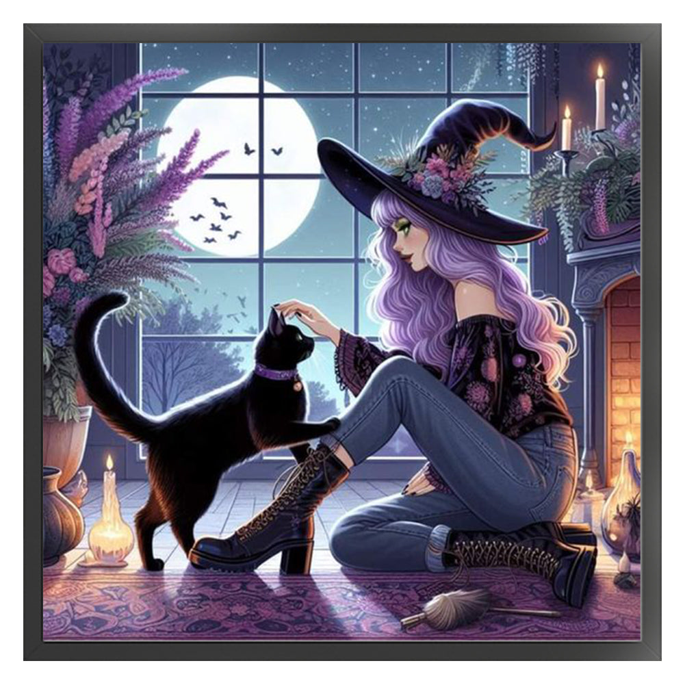 Witch And Black Cat - 11CT Stamped Cross Stitch 40*40CM