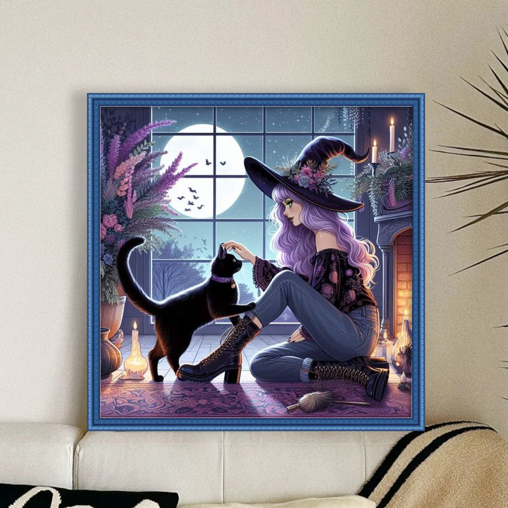 Witch And Black Cat - 11CT Stamped Cross Stitch 40*40CM