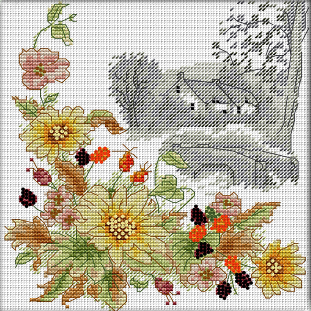 Four Seasons Autumn Chrysanthemums - 14CT Stamped Cross Stitch 21*22CM(Joy Sunday)