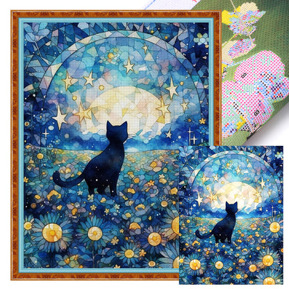 Glass Painting-Black Cat In The Moonlight - 11CT Stamped Cross Stitch 50*65CM