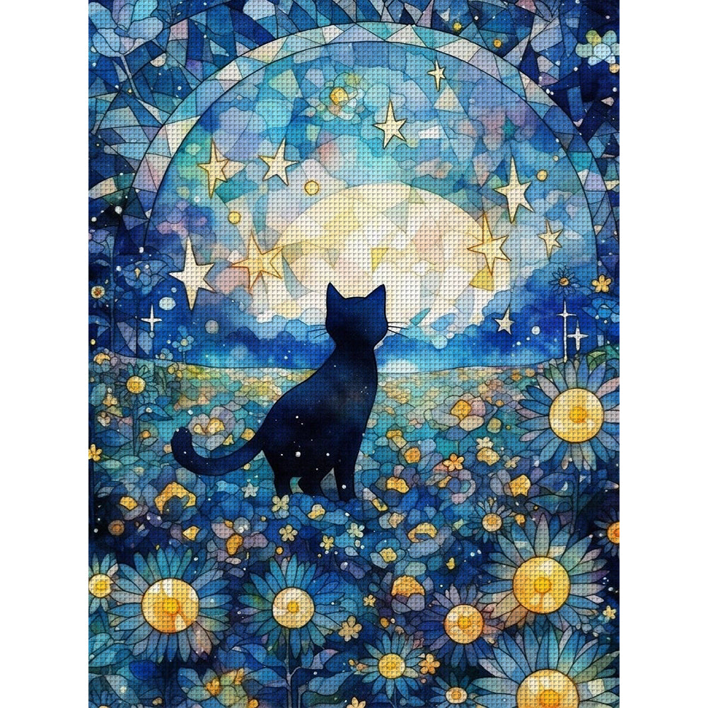 Glass Painting-Black Cat In The Moonlight - 11CT Stamped Cross Stitch 50*65CM