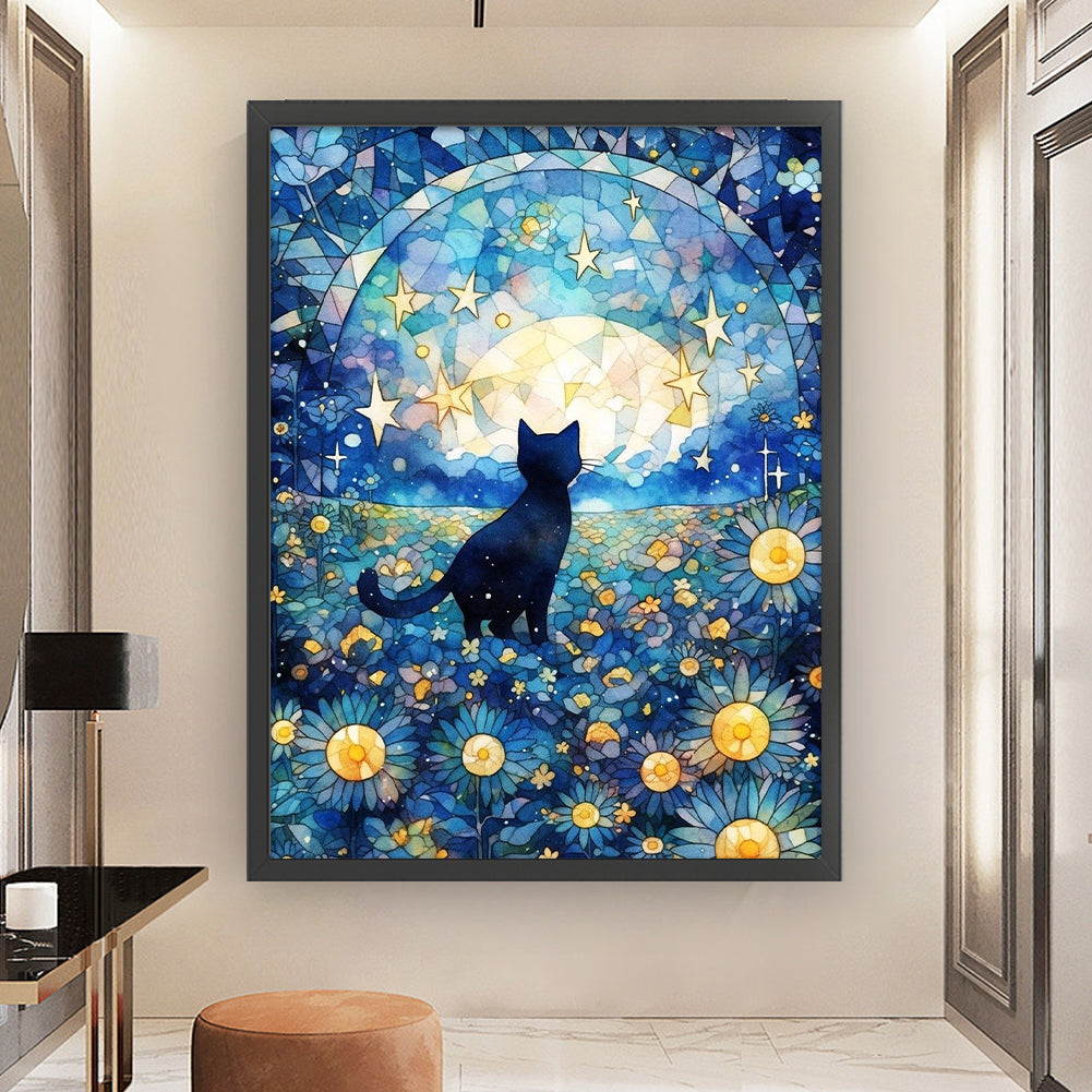 Glass Painting-Black Cat In The Moonlight - 11CT Stamped Cross Stitch 50*65CM