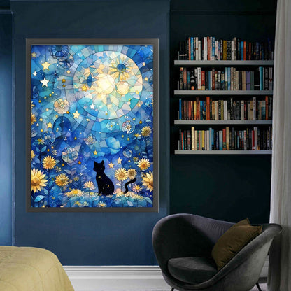 Glass Painting-Black Cat In The Moonlight - 11CT Stamped Cross Stitch 50*65CM