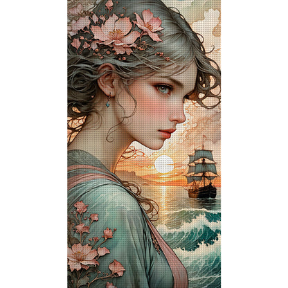 Girl And Sailboat Under Sunset - 11CT Stamped Cross Stitch 40*75CM