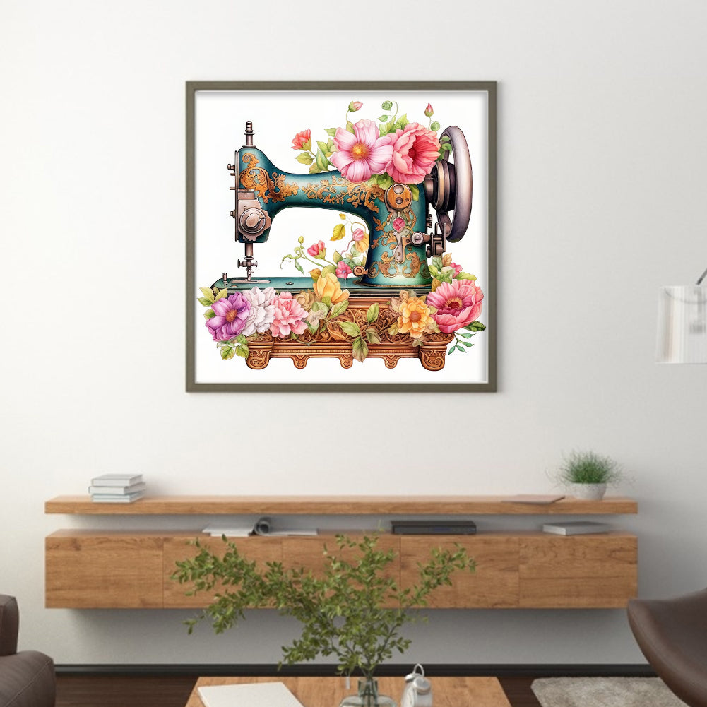 Retro Flower Sewing Machine - 14CT Stamped Cross Stitch 40*40CM