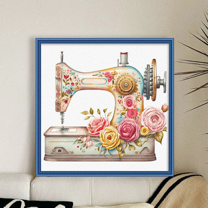 Retro Flower Sewing Machine - 14CT Stamped Cross Stitch 40*40CM