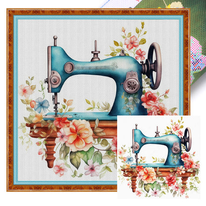 Retro Flower Sewing Machine - 14CT Stamped Cross Stitch 40*40CM