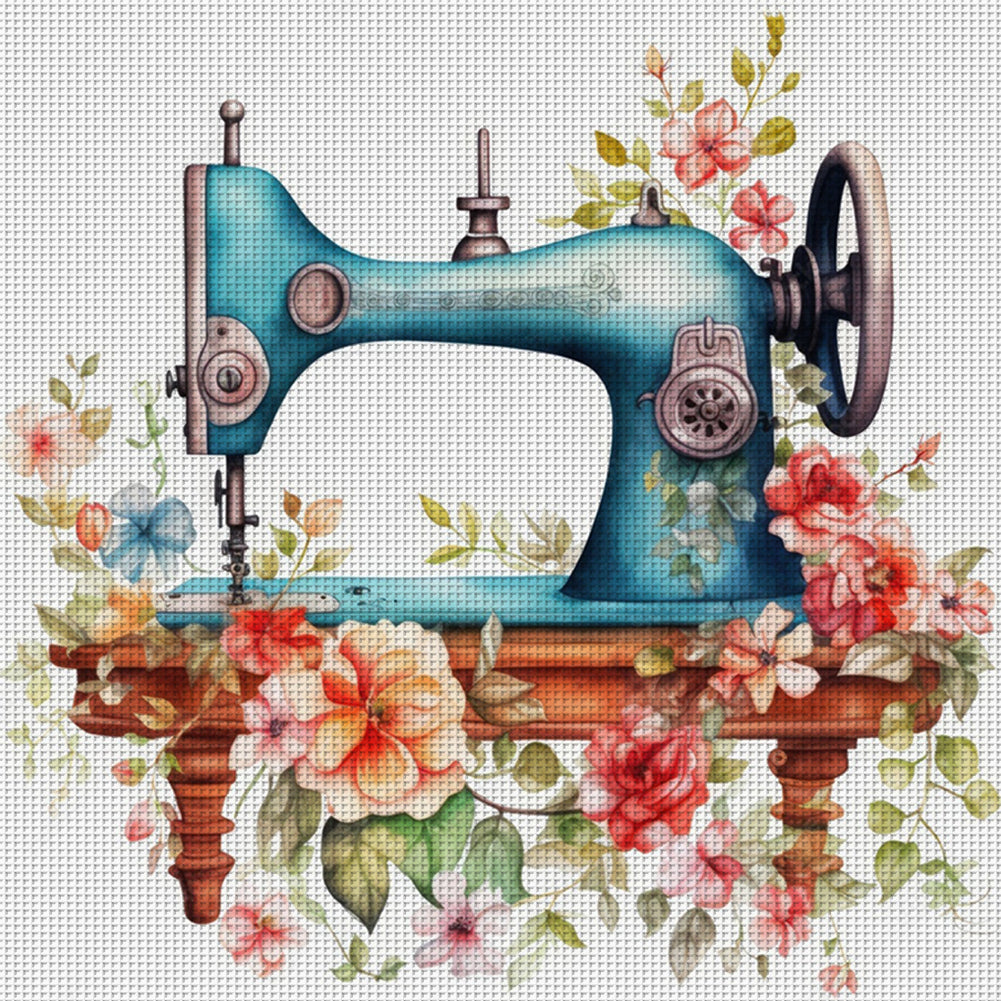 Retro Flower Sewing Machine - 14CT Stamped Cross Stitch 40*40CM