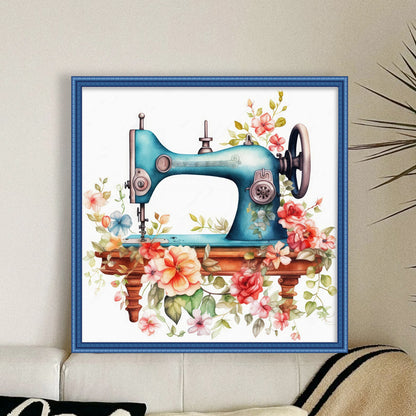 Retro Flower Sewing Machine - 14CT Stamped Cross Stitch 40*40CM