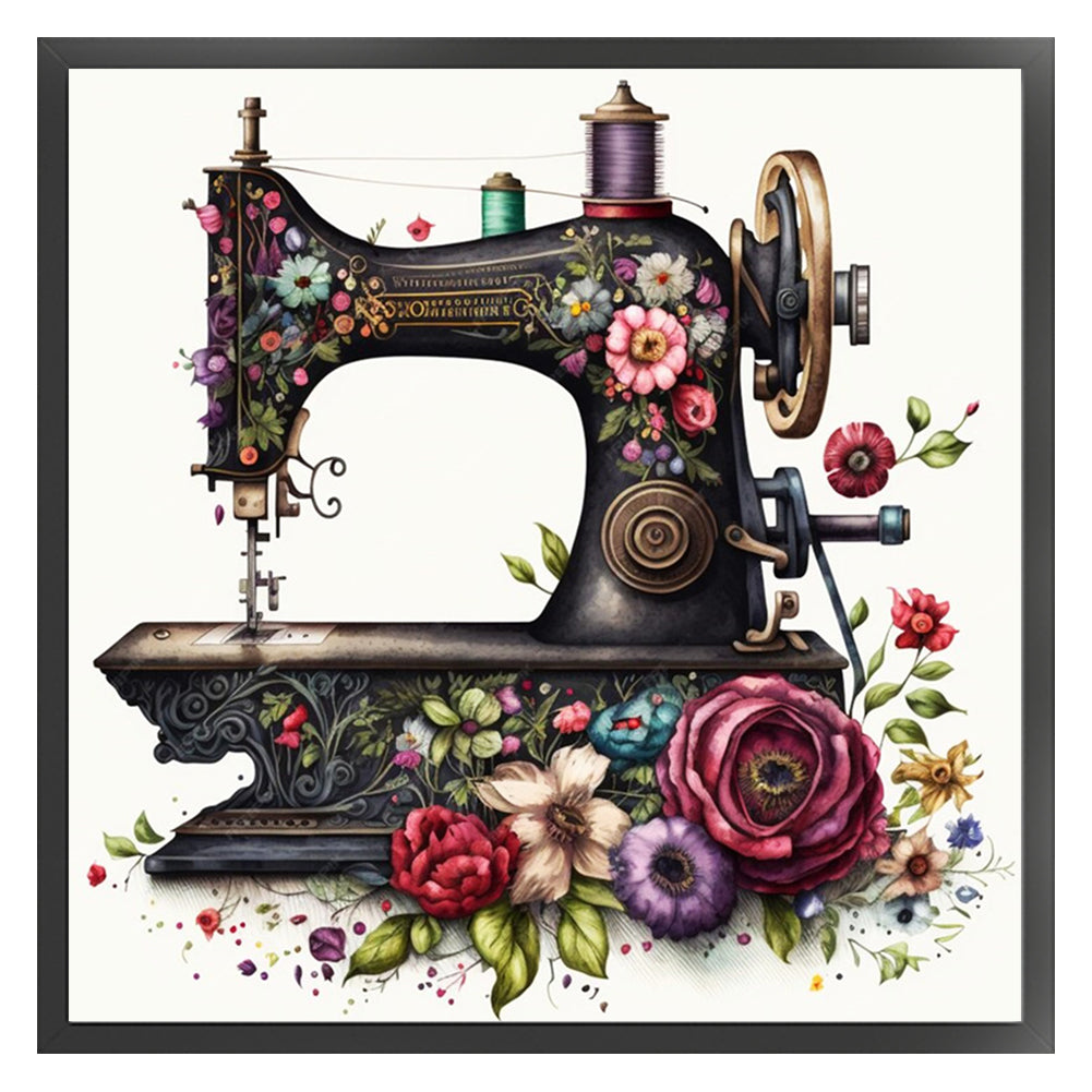 Retro Flower Sewing Machine - 14CT Stamped Cross Stitch 40*40CM